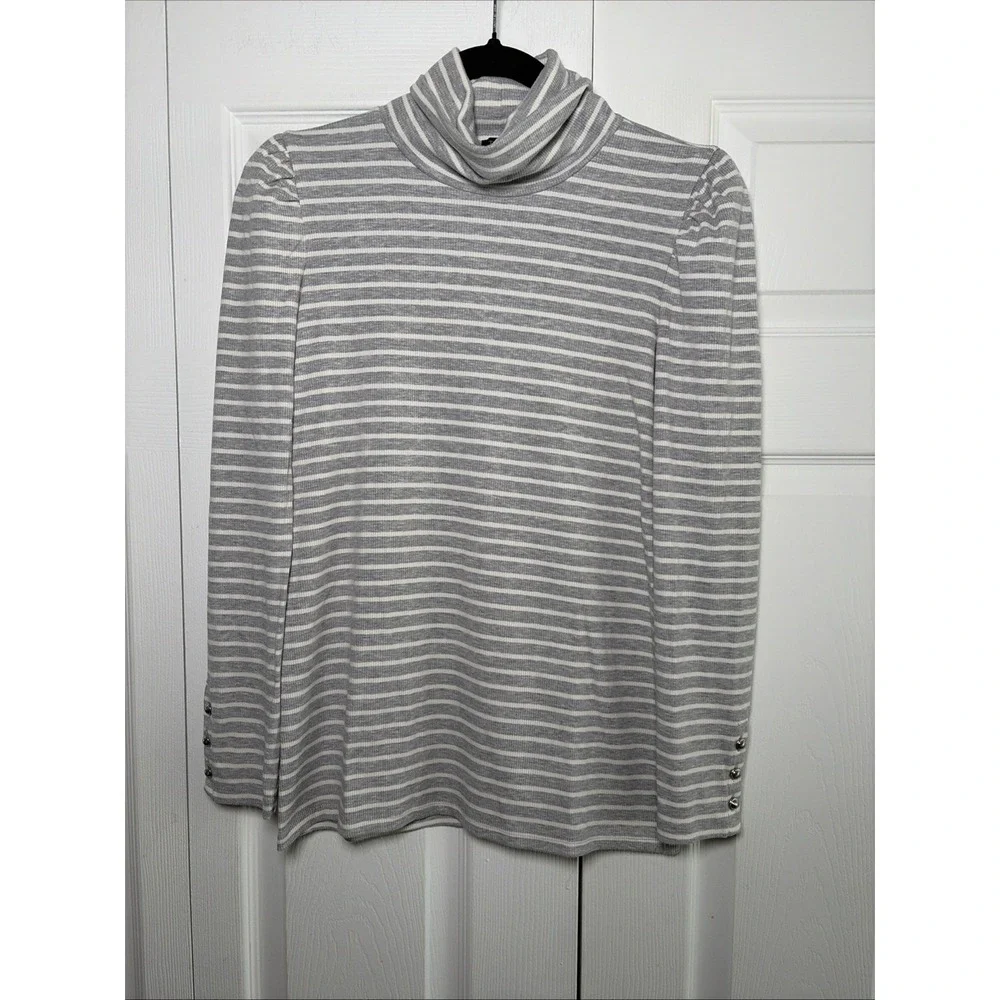 Talbots Striped Puff Sleeve Turtleneck Womens Size S Gray White‎ Ribbed Knit Top
